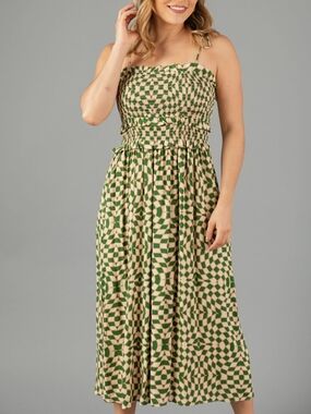 Lush Green Abstract Smocked Sundress Midi Dress Tie Straps Size M NWT